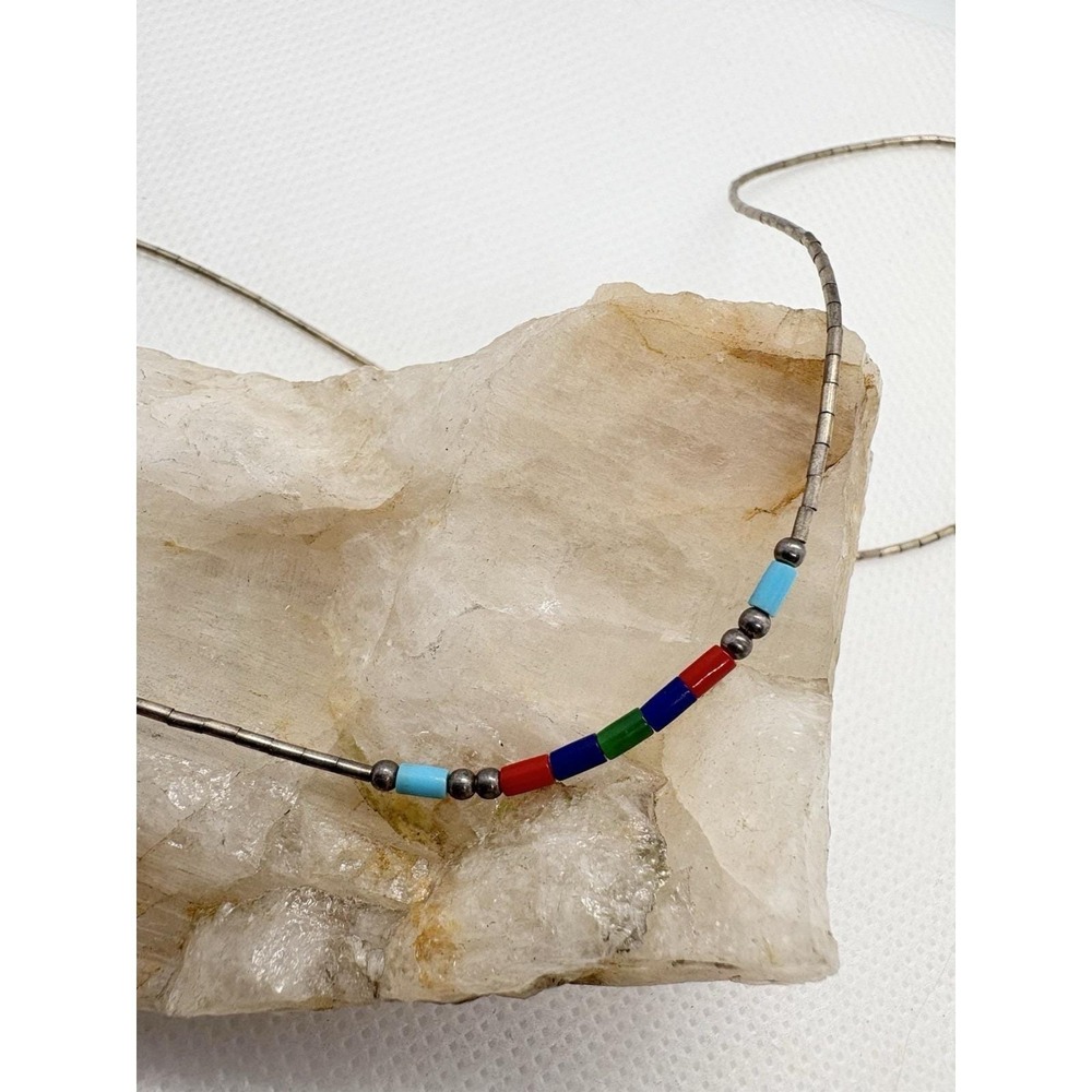 Vintage Sterling Silver Tube Chain Necklace Multicolor Bead Accent 16'' SW Style